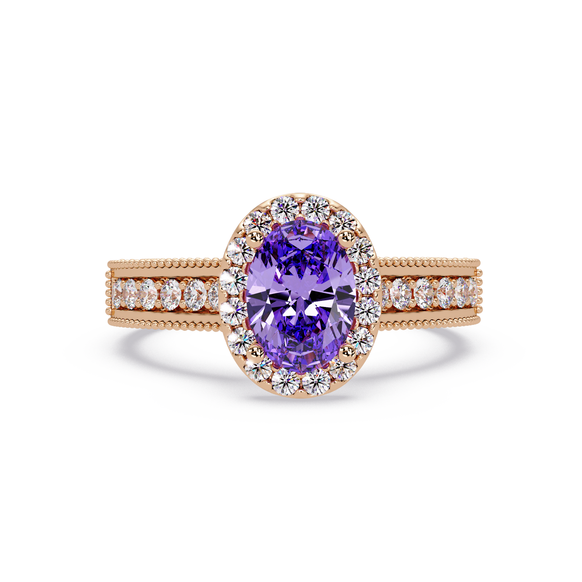 1.3 CTW Oval Halo Double-Row Pavé Colorstone Ring with Amethyst Purple center in 14K Rose Gold – Lunéa Paris