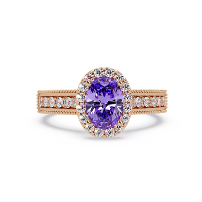 1.3 CTW Oval Halo Double-Row Pavé Colorstone Ring with Amethyst Purple center in 14K Rose Gold – Lunéa Paris