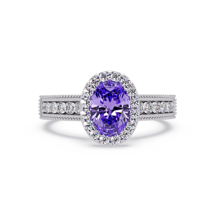1.3 CTW Oval Halo Double-Row Pavé Colorstone Ring with Amethyst Purple center in 14K White Gold – Lunéa Paris