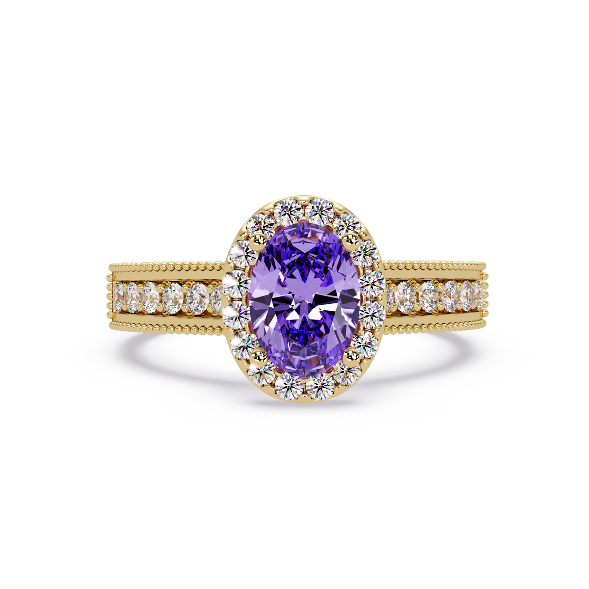 1.3 CTW Oval Halo Double-Row Pavé Colorstone Ring with Amethyst Purple center in 14K Yellow Gold – Lunéa Paris