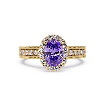 1.3 CTW Oval Halo Double-Row Pavé Colorstone Ring with Amethyst Purple center in 14K Yellow Gold – Lunéa Paris