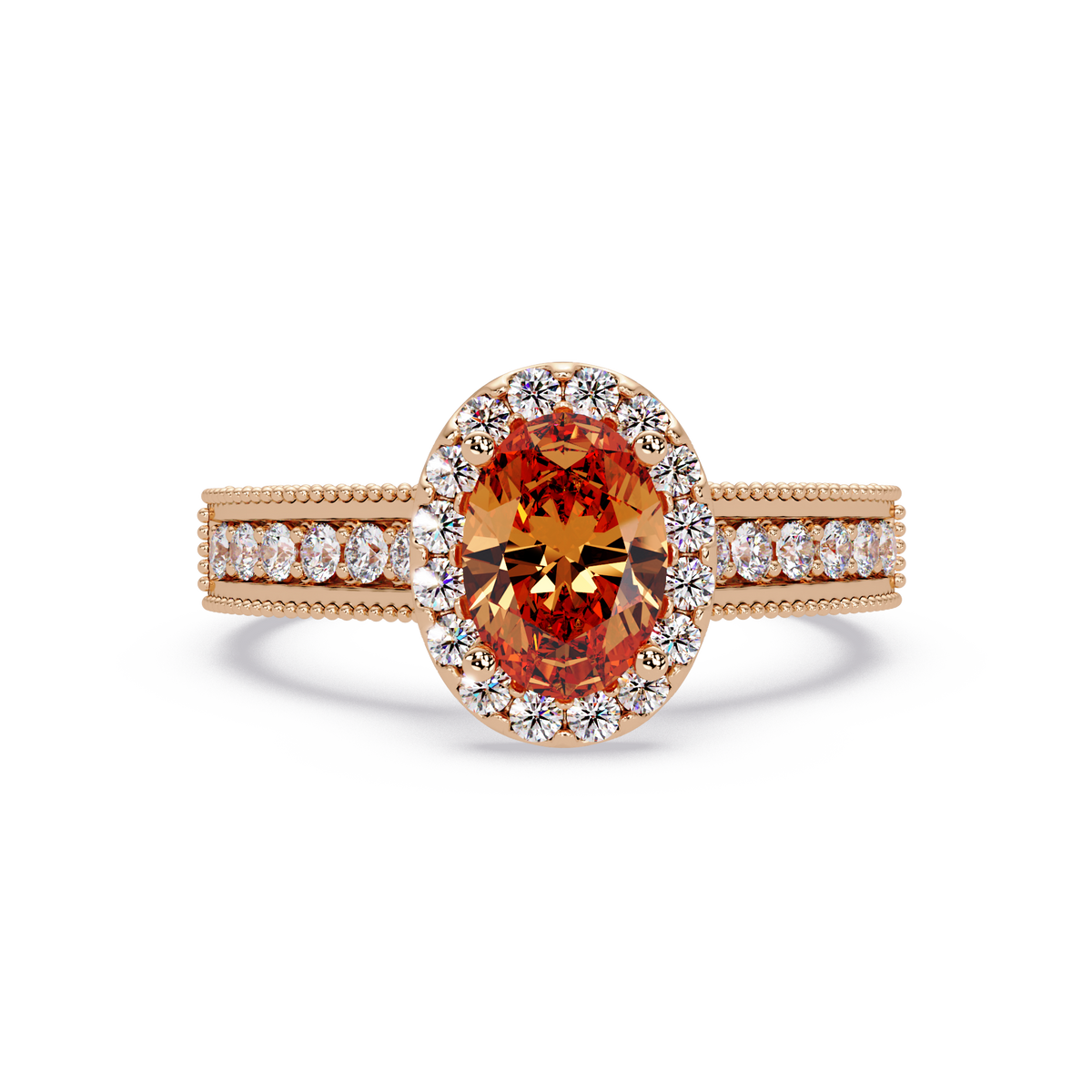 1.3 CTW Oval Halo Double-Row Pavé Colorstone Ring with Champagne Topaz center in 14K Rose Gold – Lunéa Paris