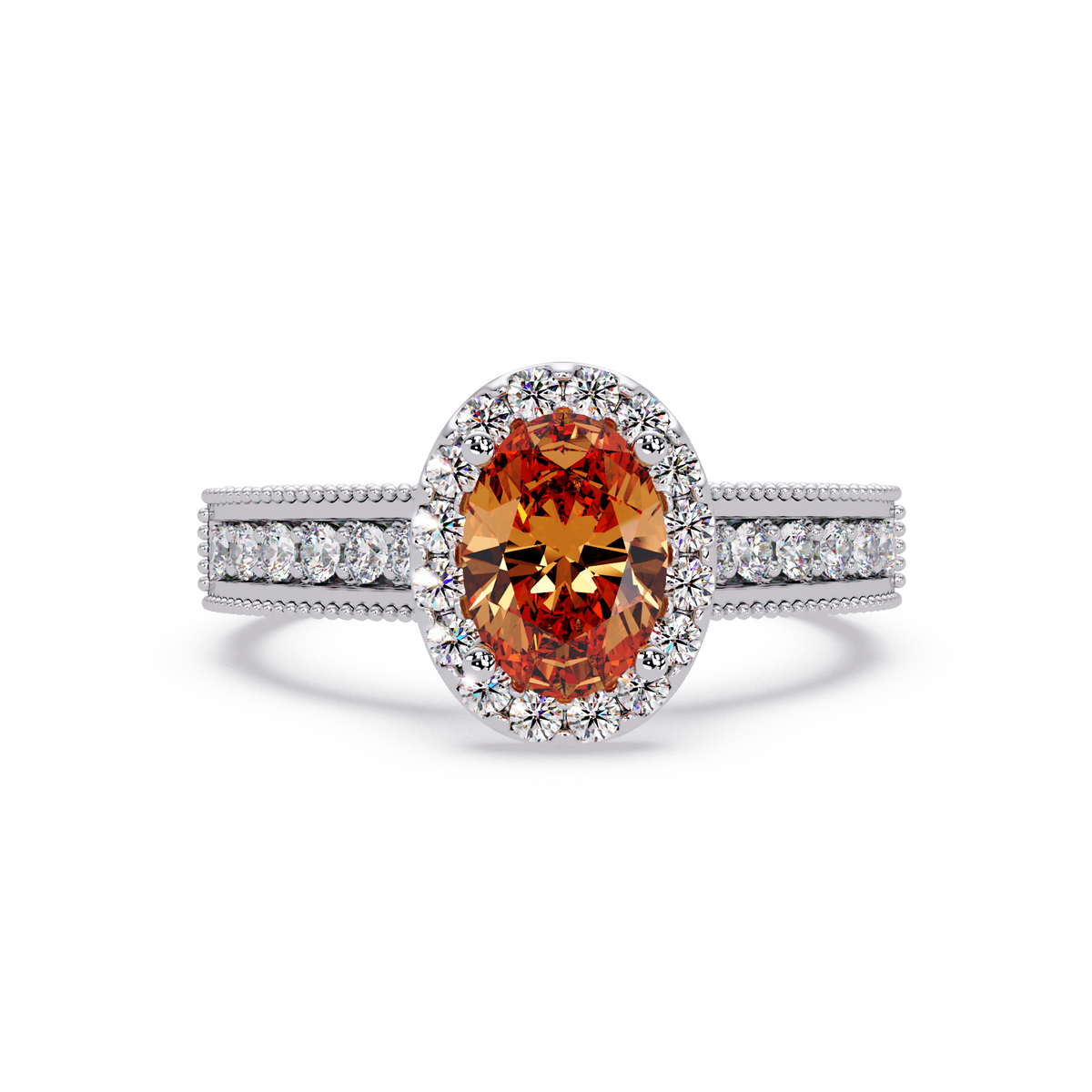 1.3 CTW Oval Halo Double-Row Pavé Colorstone Ring with Champagne Topaz center in 14K White Gold – Lunéa Paris