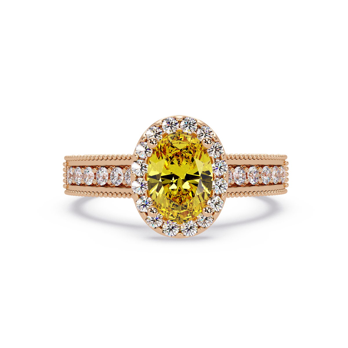 1.3 CTW Oval Halo Double-Row Pavé Colorstone Ring with Citrine Yellow center in 14K Rose Gold – Lunéa Paris