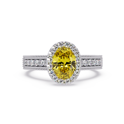 1.3 CTW Oval Halo Double-Row Pavé Colorstone Ring with Citrine Yellow center in 14K White Gold – Lunéa Paris