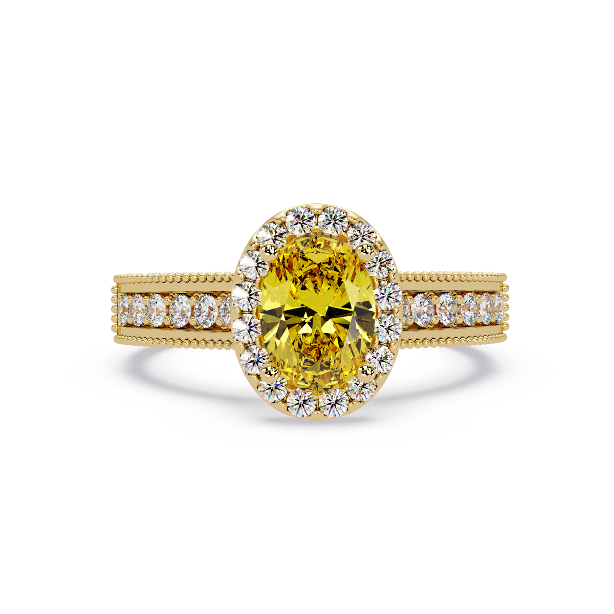 1.3 CTW Oval Halo Double-Row Pavé Colorstone Ring with Citrine Yellow center in 14K Yellow Gold – Lunéa Paris