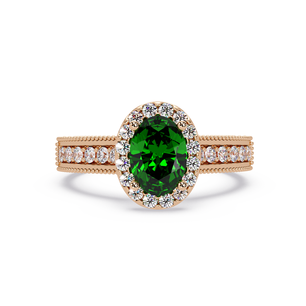 1.3 CTW Oval Halo Double-Row Pavé Colorstone Ring with Emerald Green center in 14K Rose Gold – Lunéa Paris