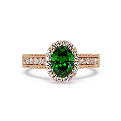 1.3 CTW Oval Halo Double-Row Pavé Colorstone Ring with Emerald Green center in 14K Rose Gold – Lunéa Paris