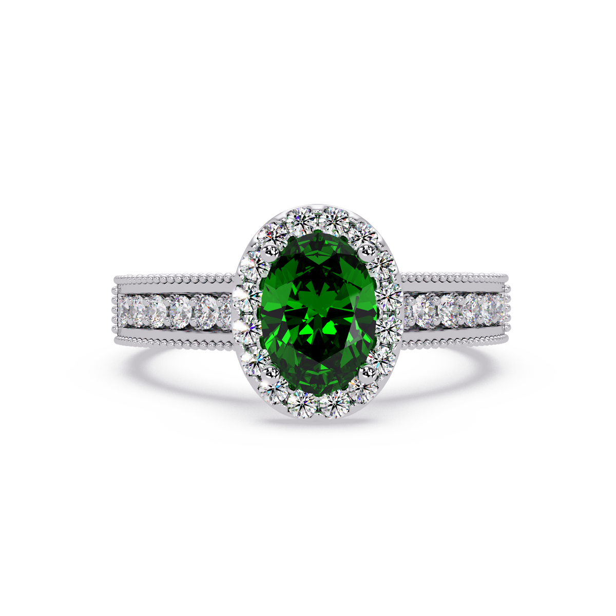 1.3 CTW Oval Halo Double-Row Pavé Colorstone Ring with Emerald Green center in 14K White Gold – Lunéa Paris