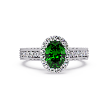 1.3 CTW Oval Halo Double-Row Pavé Colorstone Ring with Emerald Green center in 14K White Gold – Lunéa Paris