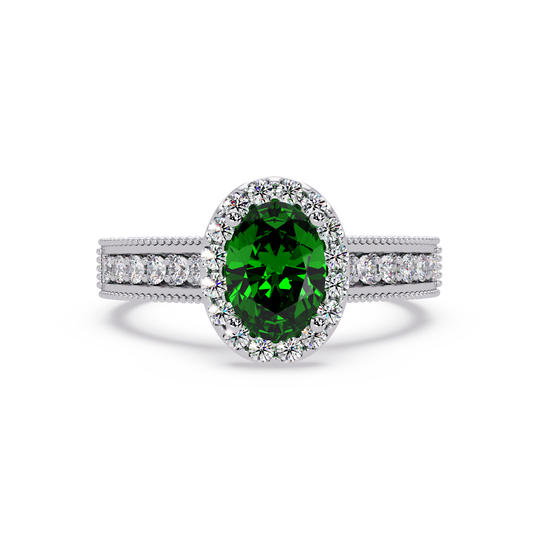 1.3 CTW Oval Halo Double-Row Pavé Colorstone Ring with Emerald Green center in 14K White Gold – Lunéa Paris