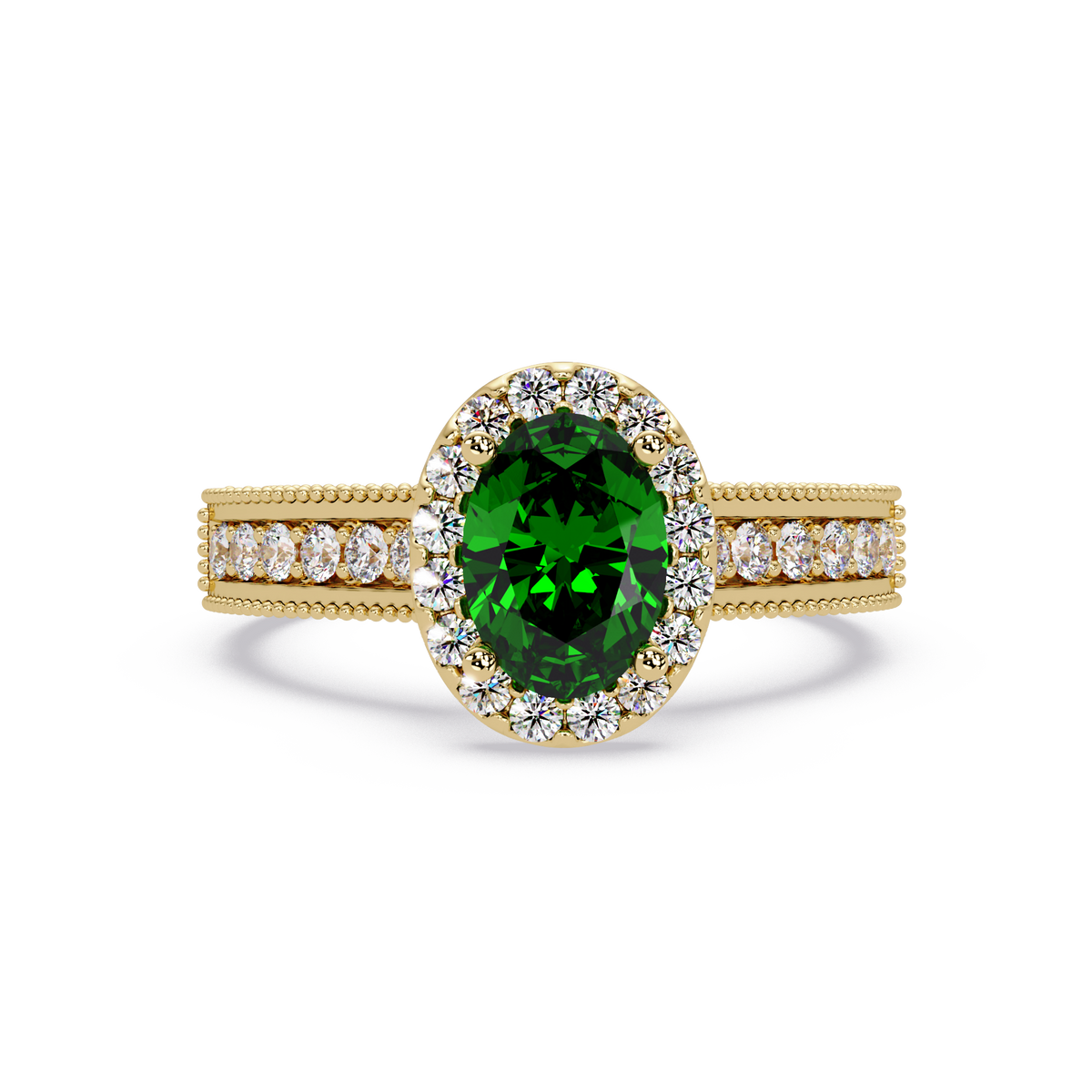 1.3 CTW Oval Halo Double-Row Pavé Colorstone Ring with Emerald Green center in 14K Yellow Gold – Lunéa Paris