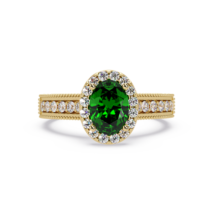 1.3 CTW Oval Halo Double-Row Pavé Colorstone Ring with Emerald Green center in 14K Yellow Gold – Lunéa Paris