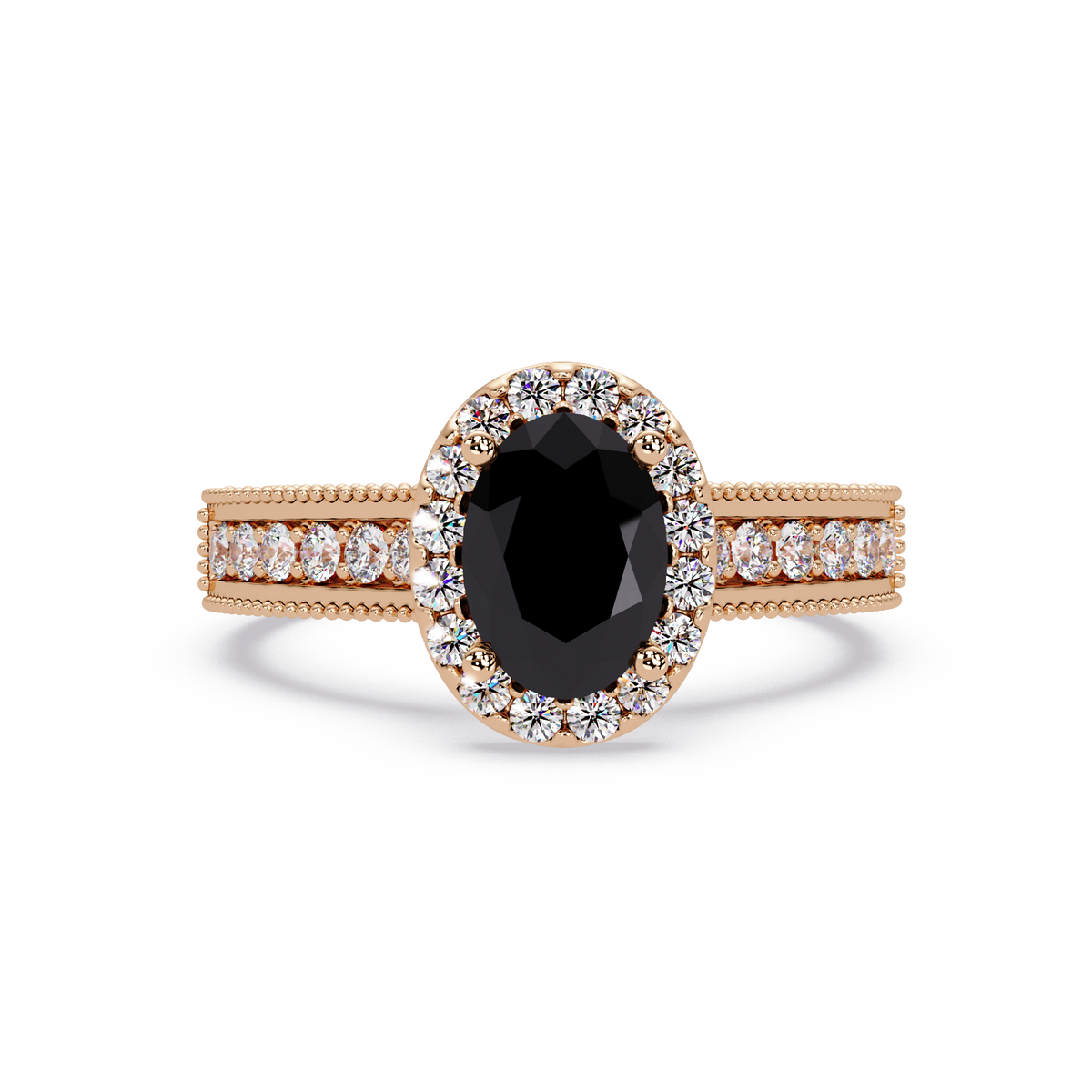 1.3 CTW Oval Halo Double-Row Pavé Colorstone Ring with Onyx center in 14K Rose Gold – Lunéa Paris