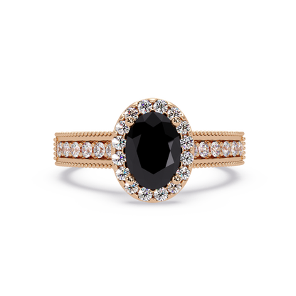 1.3 CTW Oval Halo Double-Row Pavé Colorstone Ring with Onyx center in 14K Rose Gold – Lunéa Paris