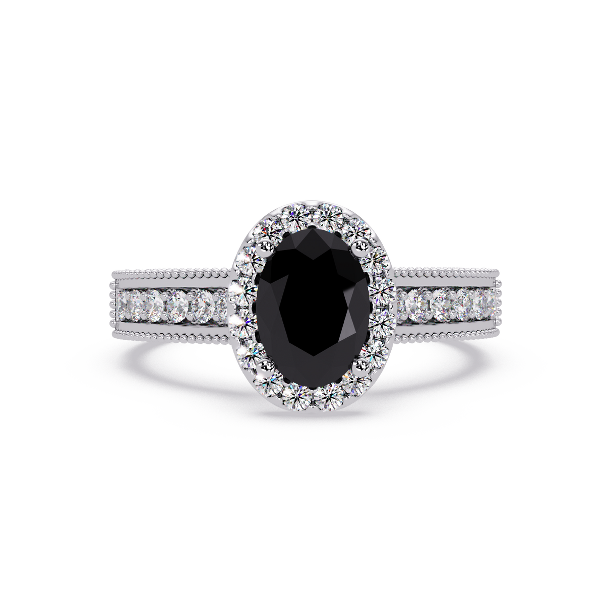 1.3 CTW Oval Halo Double-Row Pavé Colorstone Ring with Onyx center in 14K White Gold – Lunéa Paris