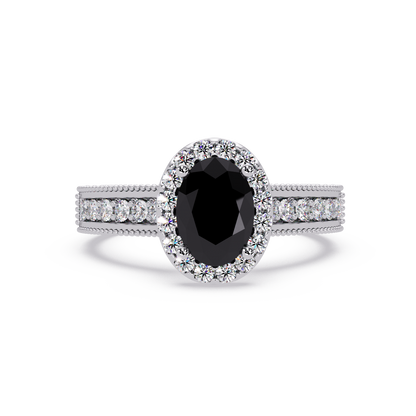 1.3 CTW Oval Halo Double-Row Pavé Colorstone Ring with Onyx center in 14K White Gold – Lunéa Paris