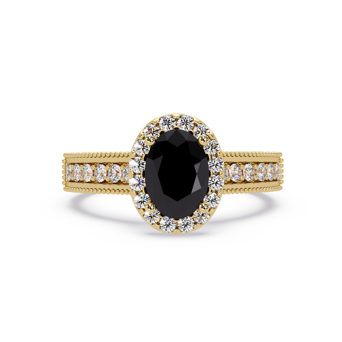 1.3 CTW Oval Halo Double-Row Pavé Colorstone Ring with Onyx center in 14K Yellow Gold – Lunéa Paris