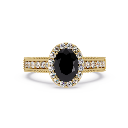 1.3 CTW Oval Halo Double-Row Pavé Colorstone Ring with Onyx center in 14K Yellow Gold – Lunéa Paris