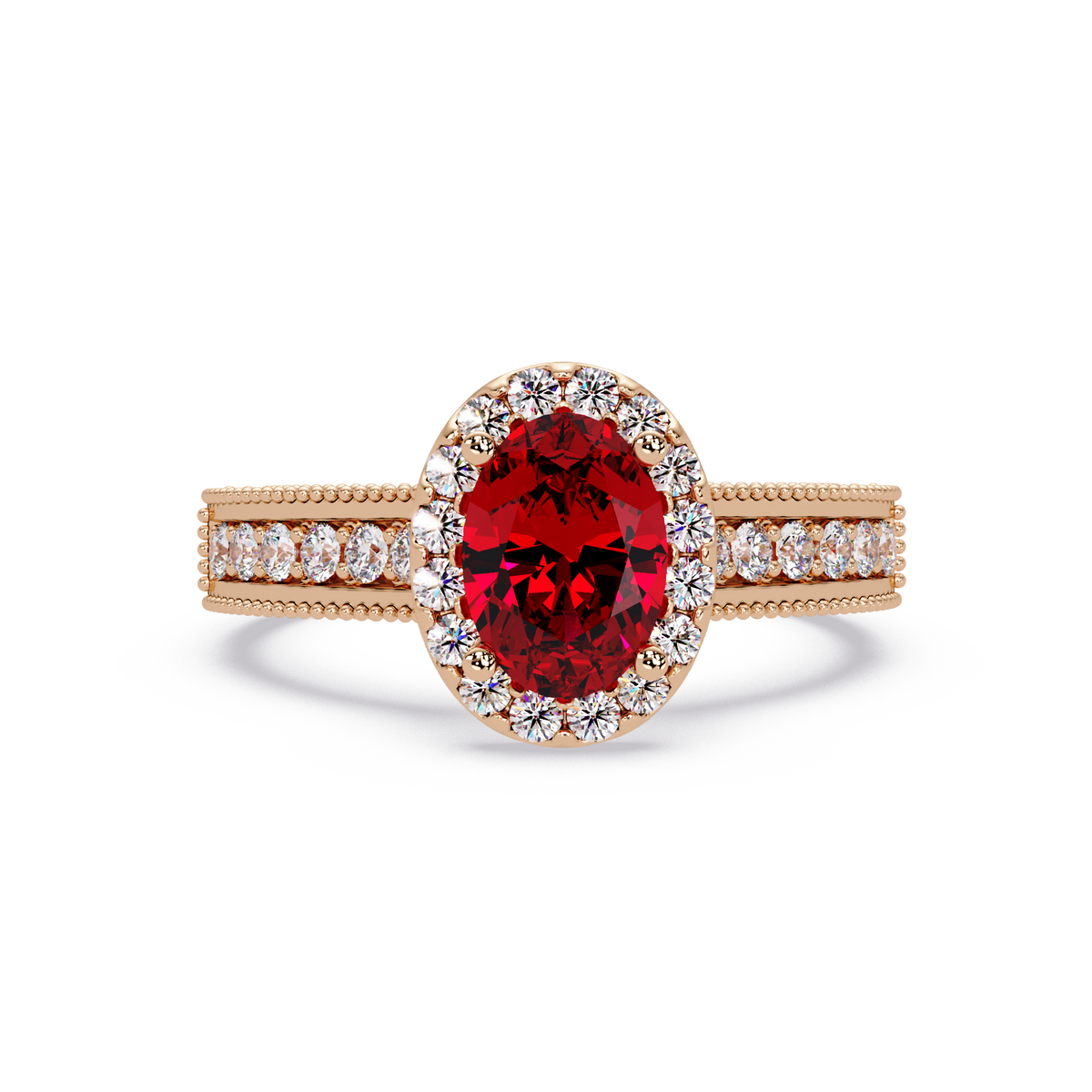 1.3 CTW Oval Halo Double-Row Pavé Colorstone Ring with Ruby Red center in 14K Rose Gold – Lunéa Paris
