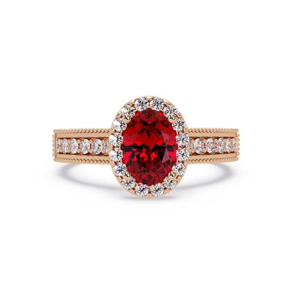 1.3 CTW Oval Halo Double-Row Pavé Colorstone Ring with Ruby Red center in 14K Rose Gold – Lunéa Paris