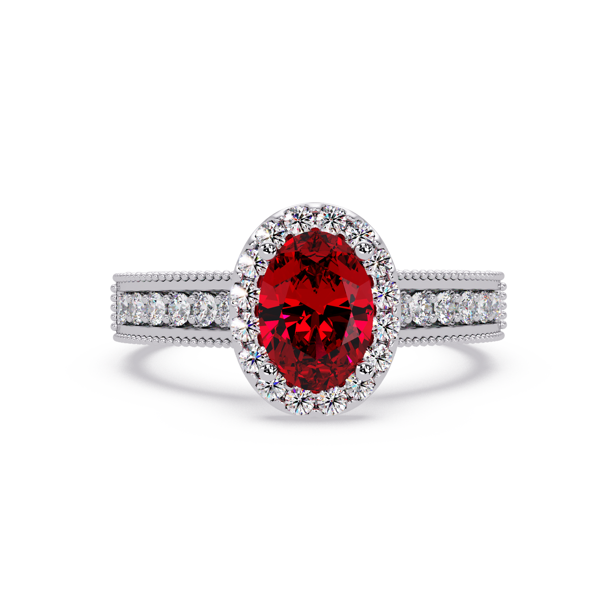1.3 CTW Oval Halo Double-Row Pavé Colorstone Ring with Ruby Red center in 14K White Gold – Lunéa Paris