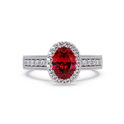1.3 CTW Oval Halo Double-Row Pavé Colorstone Ring with Ruby Red center in 14K White Gold – Lunéa Paris