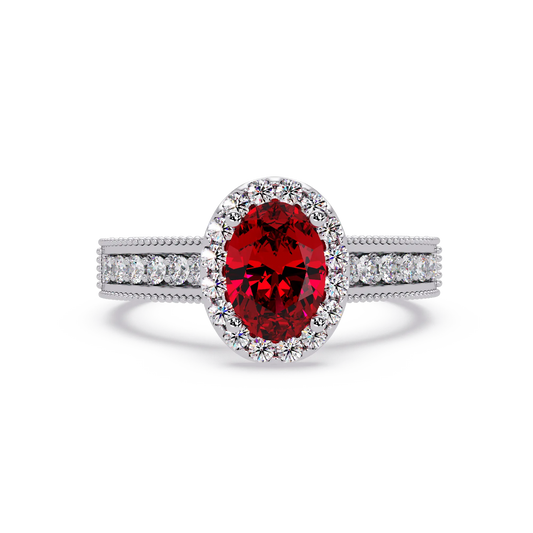 1.3 CTW Oval Halo Double-Row Pavé Colorstone Ring with Ruby Red center in 14K White Gold – Lunéa Paris