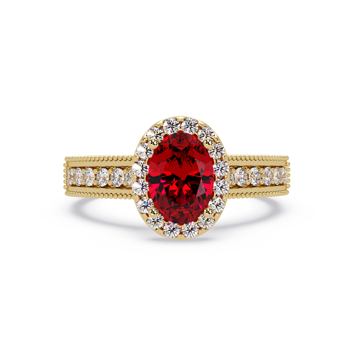 1.3 CTW Oval Halo Double-Row Pavé Colorstone Ring with Ruby Red center in 14K Yellow Gold – Lunéa Paris