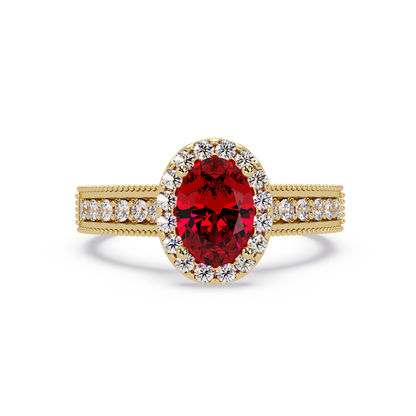 1.3 CTW Oval Halo Double-Row Pavé Colorstone Ring with Ruby Red center in 14K Yellow Gold – Lunéa Paris