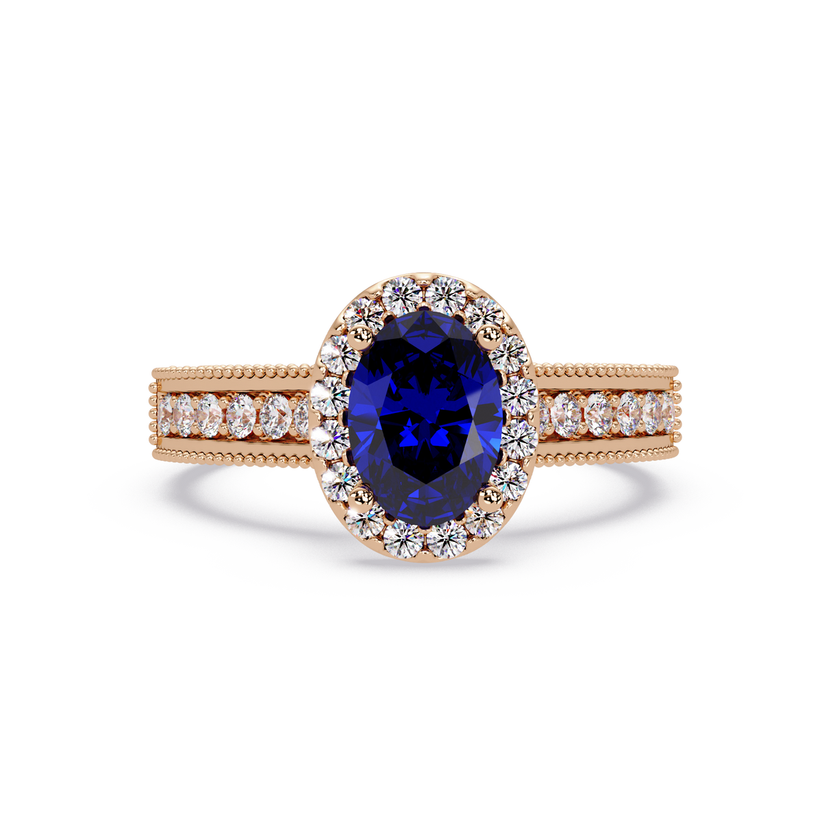 1.3 CTW Oval Halo Double-Row Pavé Colorstone Ring with Sapphire Blue center in 14K Rose Gold – Lunéa Paris