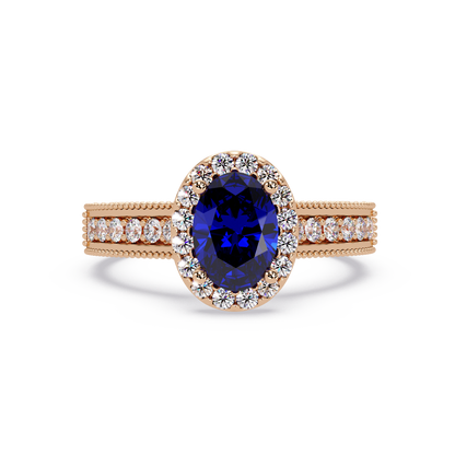 1.3 CTW Oval Halo Double-Row Pavé Colorstone Ring with Sapphire Blue center in 14K Rose Gold – Lunéa Paris