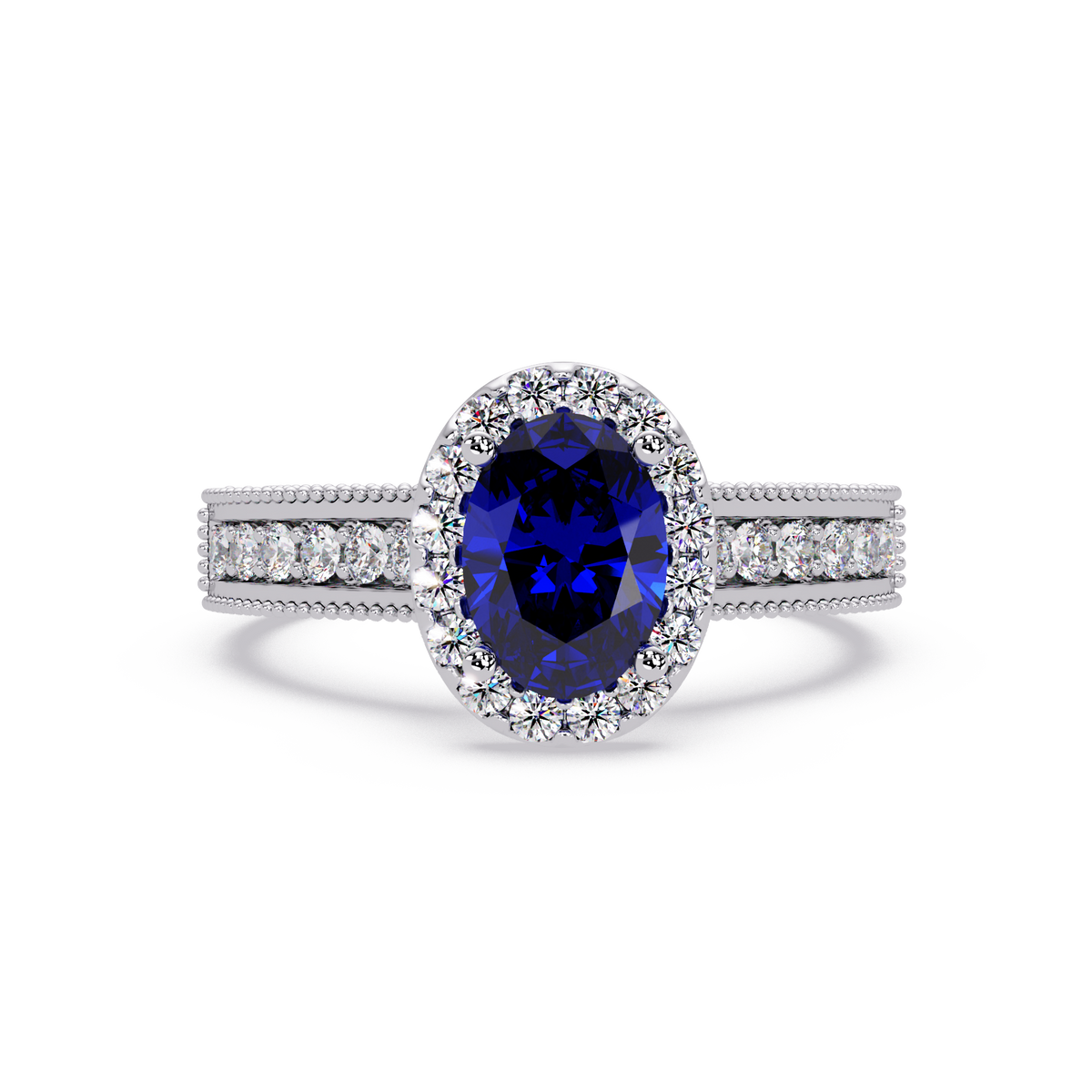 1.3 CTW Oval Halo Double-Row Pavé Colorstone Ring with Sapphire Blue center in 14K White Gold – Lunéa Paris