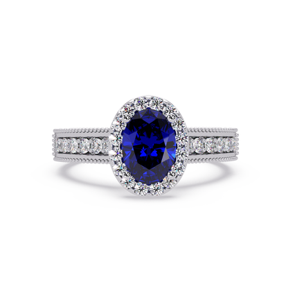 1.3 CTW Oval Halo Double-Row Pavé Colorstone Ring with Sapphire Blue center in 14K White Gold – Lunéa Paris