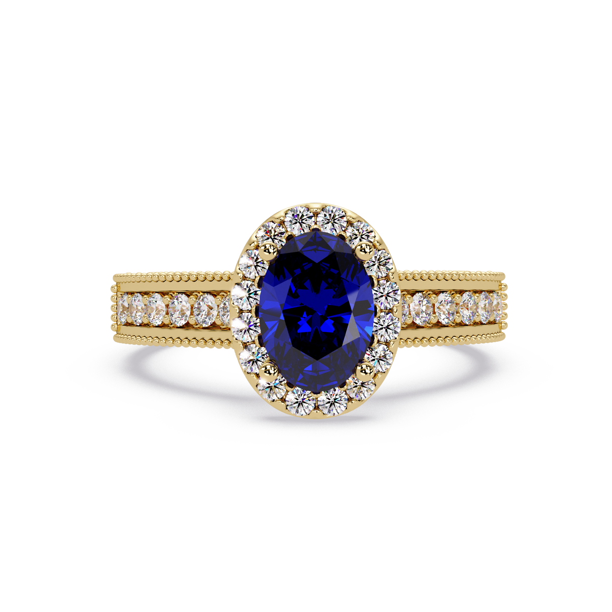1.3 CTW Oval Halo Double-Row Pavé Colorstone Ring with Sapphire Blue center in 14K Yellow Gold – Lunéa Paris