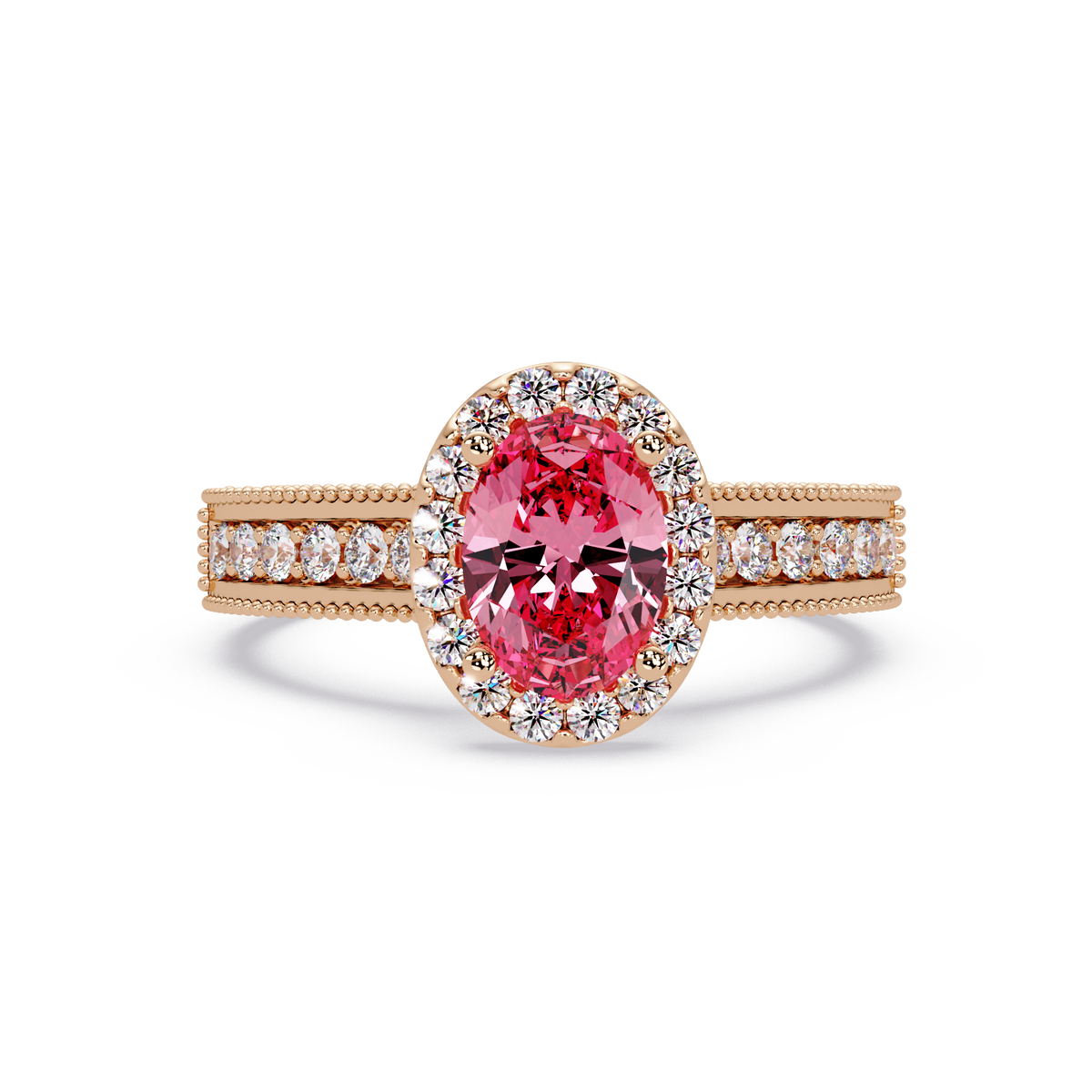 1.3 CTW Oval Halo Double-Row Pavé Colorstone Ring with Tourmaline Pink center in 14K Rose Gold – Lunéa Paris