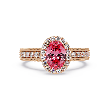 1.3 CTW Oval Halo Double-Row Pavé Colorstone Ring with Tourmaline Pink center in 14K Rose Gold – Lunéa Paris
