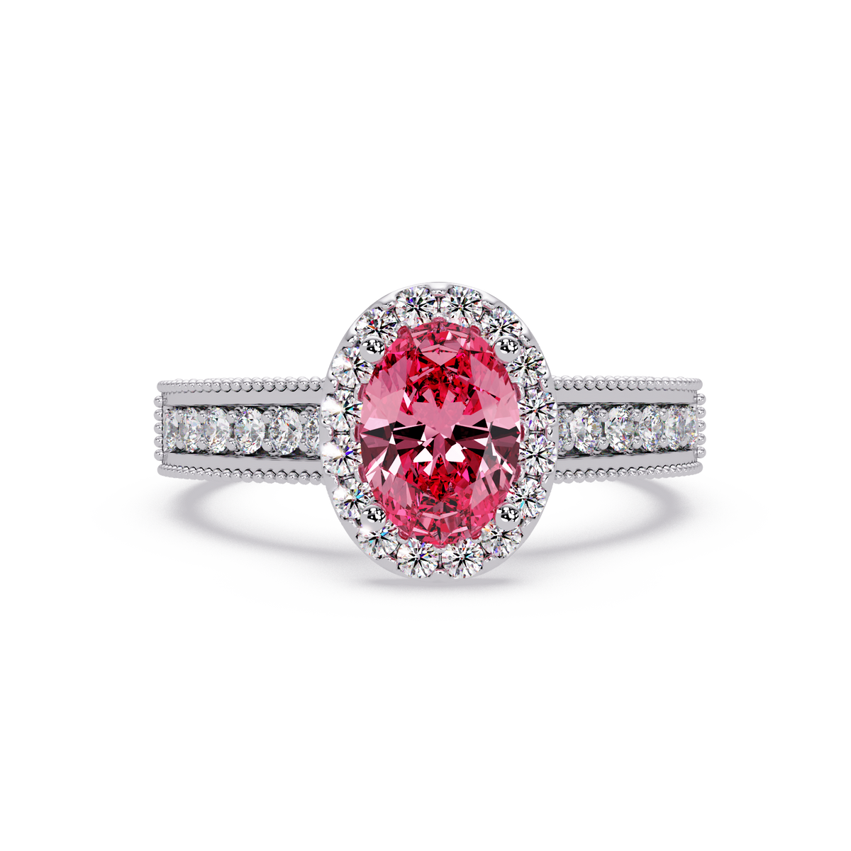 1.3 CTW Oval Halo Double-Row Pavé Colorstone Ring with Tourmaline Pink center in 14K White Gold – Lunéa Paris