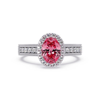 1.3 CTW Oval Halo Double-Row Pavé Colorstone Ring with Tourmaline Pink center in 14K White Gold – Lunéa Paris