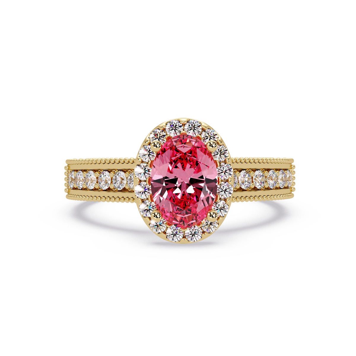 1.3 CTW Oval Halo Double-Row Pavé Colorstone Ring with Tourmaline Pink center in 14K Yellow Gold – Lunéa Paris