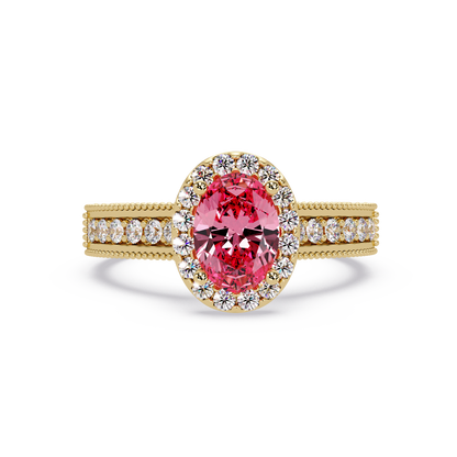 1.3 CTW Oval Halo Double-Row Pavé Colorstone Ring with Tourmaline Pink center in 14K Yellow Gold – Lunéa Paris