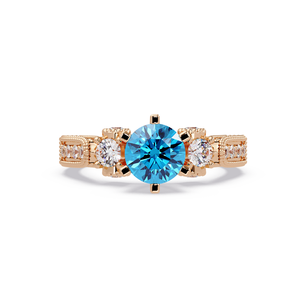 1.4 CTW Round Three-Stone Pavé Colorstone Ring with Aquamarine Blue center in 14K Rose Gold – Lunéa Paris