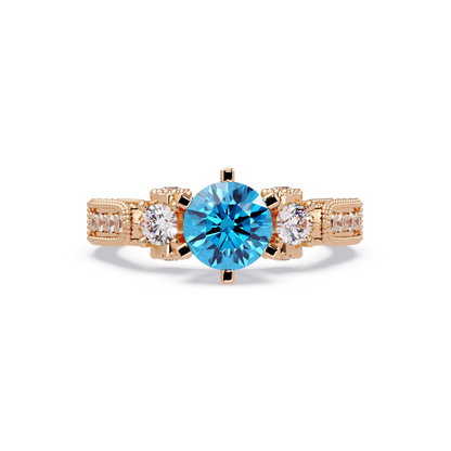 1.4 CTW Round Three-Stone Pavé Colorstone Ring with Aquamarine Blue center in 14K Rose Gold – Lunéa Paris