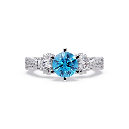 1.4 CTW Round Three-Stone Pavé Colorstone Ring with Aquamarine Blue center in 14K White Gold – Lunéa Paris