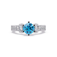 1.4 CTW Round Three-Stone Pavé Colorstone Ring with Aquamarine Blue center in 14K White Gold – Lunéa Paris
