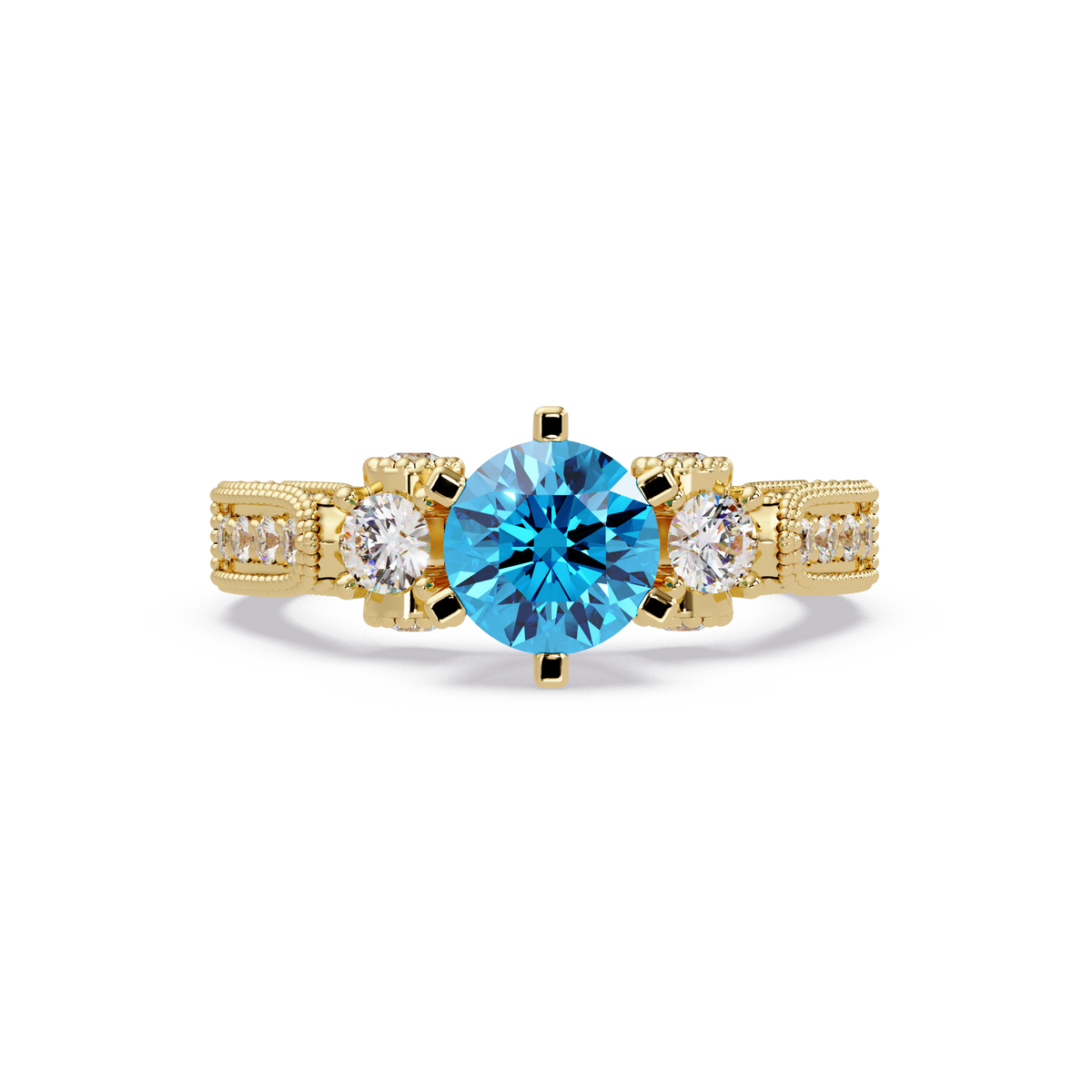 1.4 CTW Round Three-Stone Pavé Colorstone Ring with Aquamarine Blue center in 14K Yellow Gold – Lunéa Paris