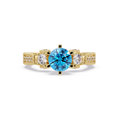 1.4 CTW Round Three-Stone Pavé Colorstone Ring with Aquamarine Blue center in 14K Yellow Gold – Lunéa Paris