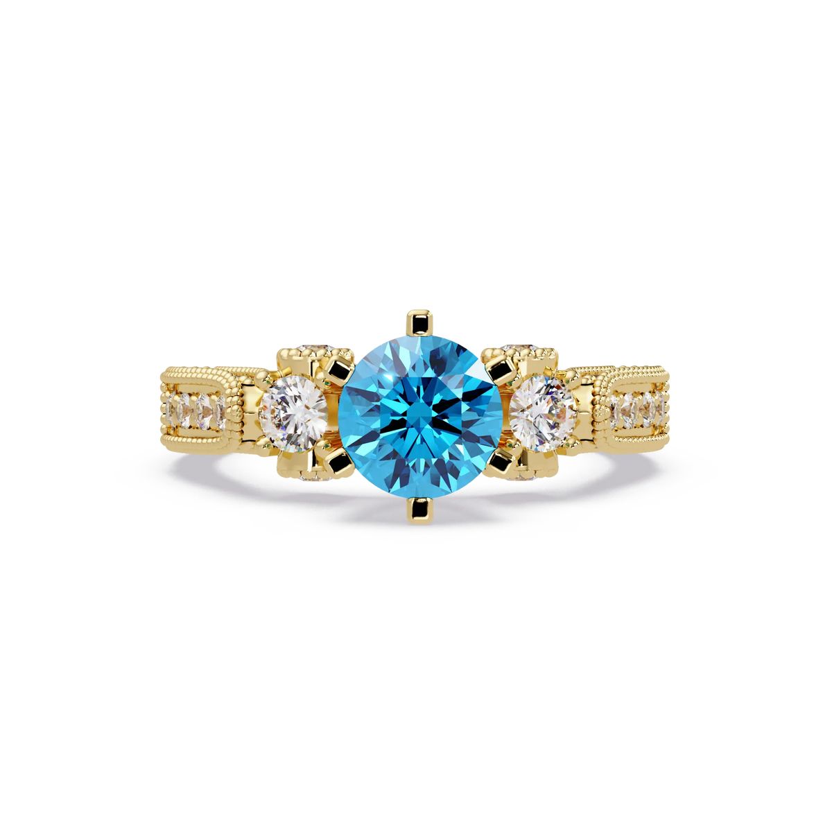 1.4 CTW Round Three-Stone Pavé Colorstone Ring with Aquamarine Blue center in 14K Yellow Gold – Lunéa Paris