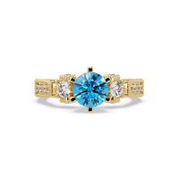 1.4 CTW Round Three-Stone Pavé Colorstone Ring with Aquamarine Blue center in 14K Yellow Gold – Lunéa Paris