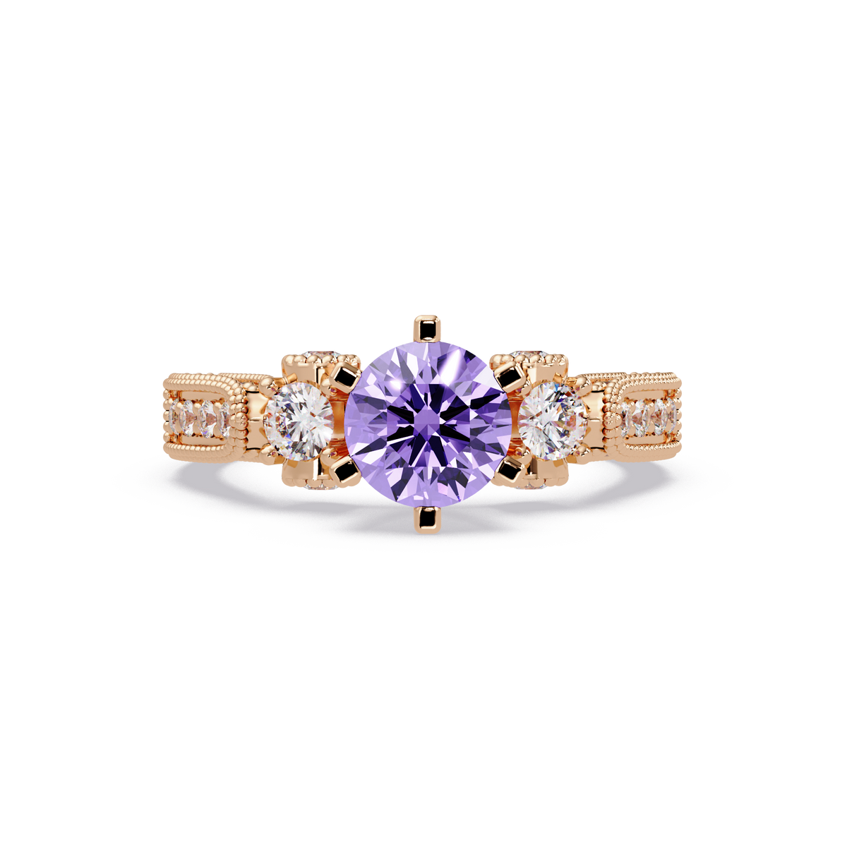 1.4 CTW Round Three-Stone Pavé Colorstone Ring with Amethyst Purple center in 14K Rose Gold – Lunéa Paris